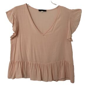 Final Touch Blouse Women Size L Soft Peach Flutter Sleeve V neck Ruffle Babydoll